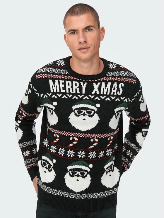 Συμφωνίες ⌛ Only & Sons Άνδρες Πουλόβερ Xmas Santa 22023994 Μαύρο Regular Fit 🔥 - Image 4