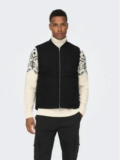 Προώθηση 🔔 Only & Sons Άνδρες Γιλέκα Γιλέκο Earl Canwas 22024178 Μαύρο Regular Fit 👍