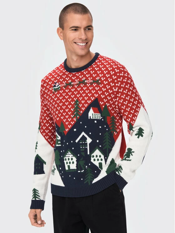 Καλύτερη πώληση 🛒 Only & Sons Άνδρες Πουλόβερ Xmas 22023349 Κόκκινο Regular Fit 👏 - Image 5