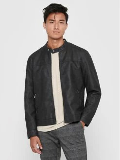 Νέος 🌟 Only & Sons Άνδρες Δερμάτινα Μπουφάν Μπουφάν από απομίμηση δέρματος Jasper 22016572 Γκρι Regular Fit ✔️