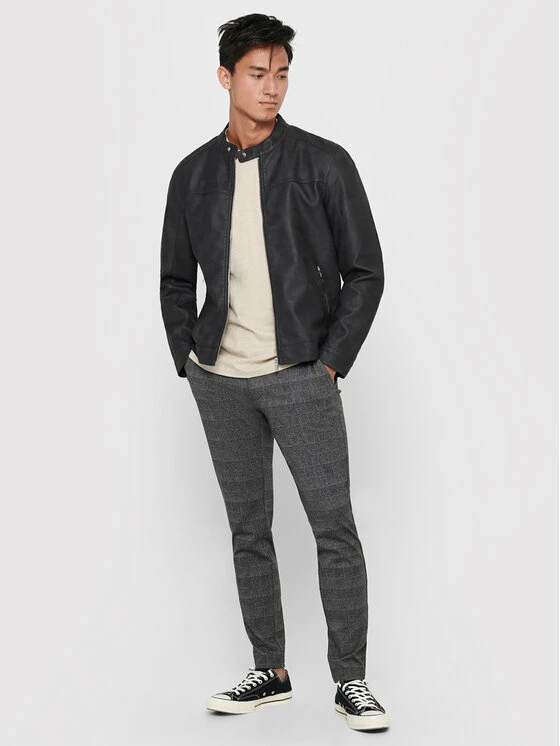 Νέος 🌟 Only & Sons Άνδρες Δερμάτινα Μπουφάν Μπουφάν από απομίμηση δέρματος Jasper 22016572 Γκρι Regular Fit ✔️ - Image 3