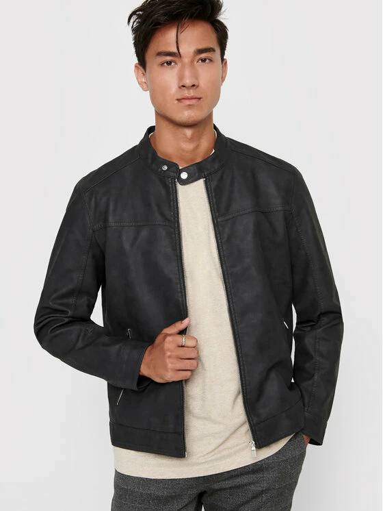 Νέος 🌟 Only & Sons Άνδρες Δερμάτινα Μπουφάν Μπουφάν από απομίμηση δέρματος Jasper 22016572 Γκρι Regular Fit ✔️ - Image 4