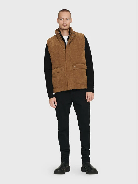 Flash Sale 😉 Only & Sons Άνδρες Γιλέκα Γιλέκο Cash Corduroy 22022506 Καφέ Regular Fit ✔️ - Image 3