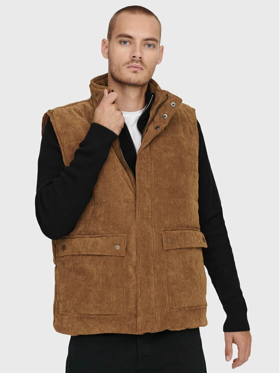 Flash Sale 😉 Only & Sons Άνδρες Γιλέκα Γιλέκο Cash Corduroy 22022506 Καφέ Regular Fit ✔️ - Image 5